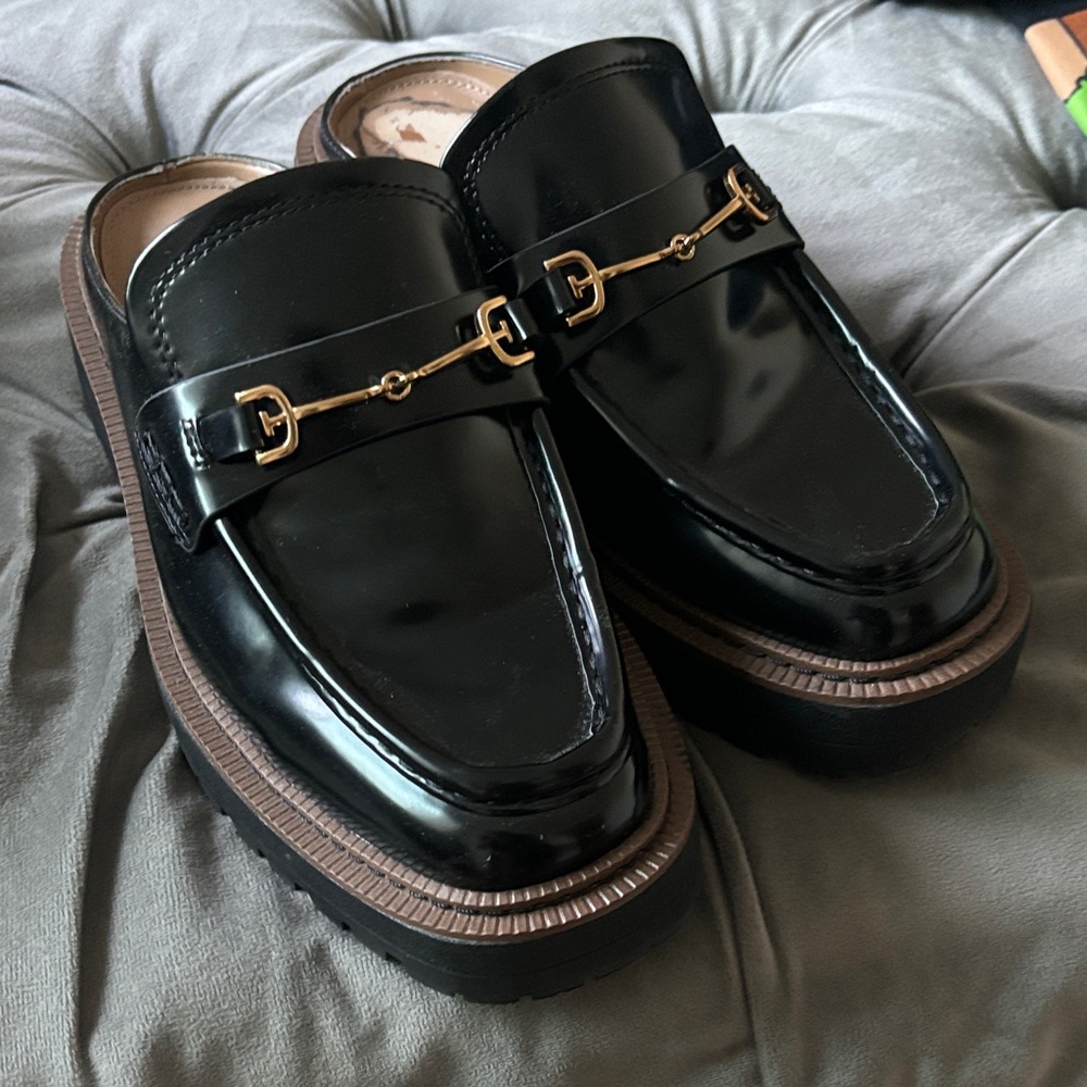 Sam Edelman Black Patent Loafers with Gold Buckle